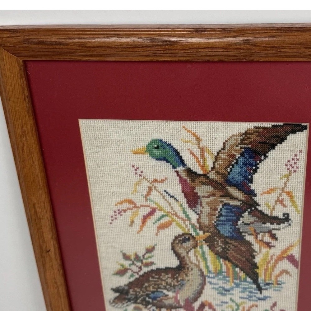 VTG Handmade‎ Mallard Ducks Cross-Stitch Matted Wood Frame Estate Sale Find - Picture 3 of 7